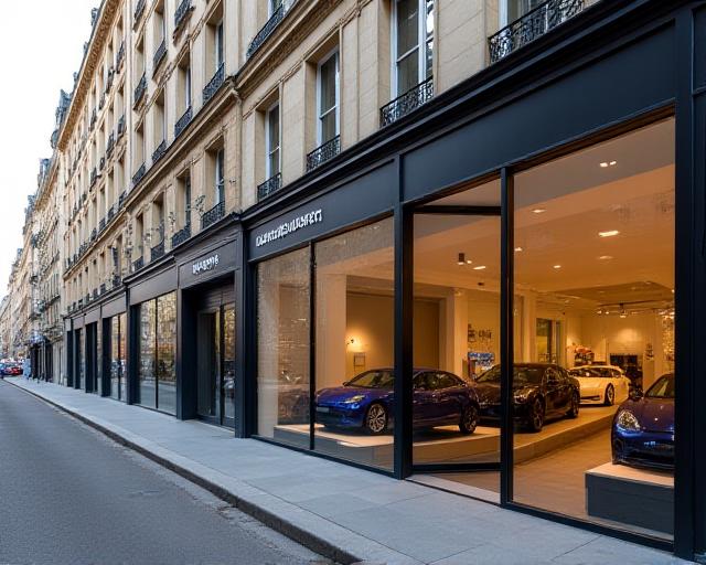 Façade moderne du showroom Trace Auto à Paris